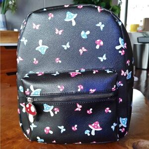 Hot Topic Black Mini Backpack with Pink & Blue Mushroom & Butterfly Accents